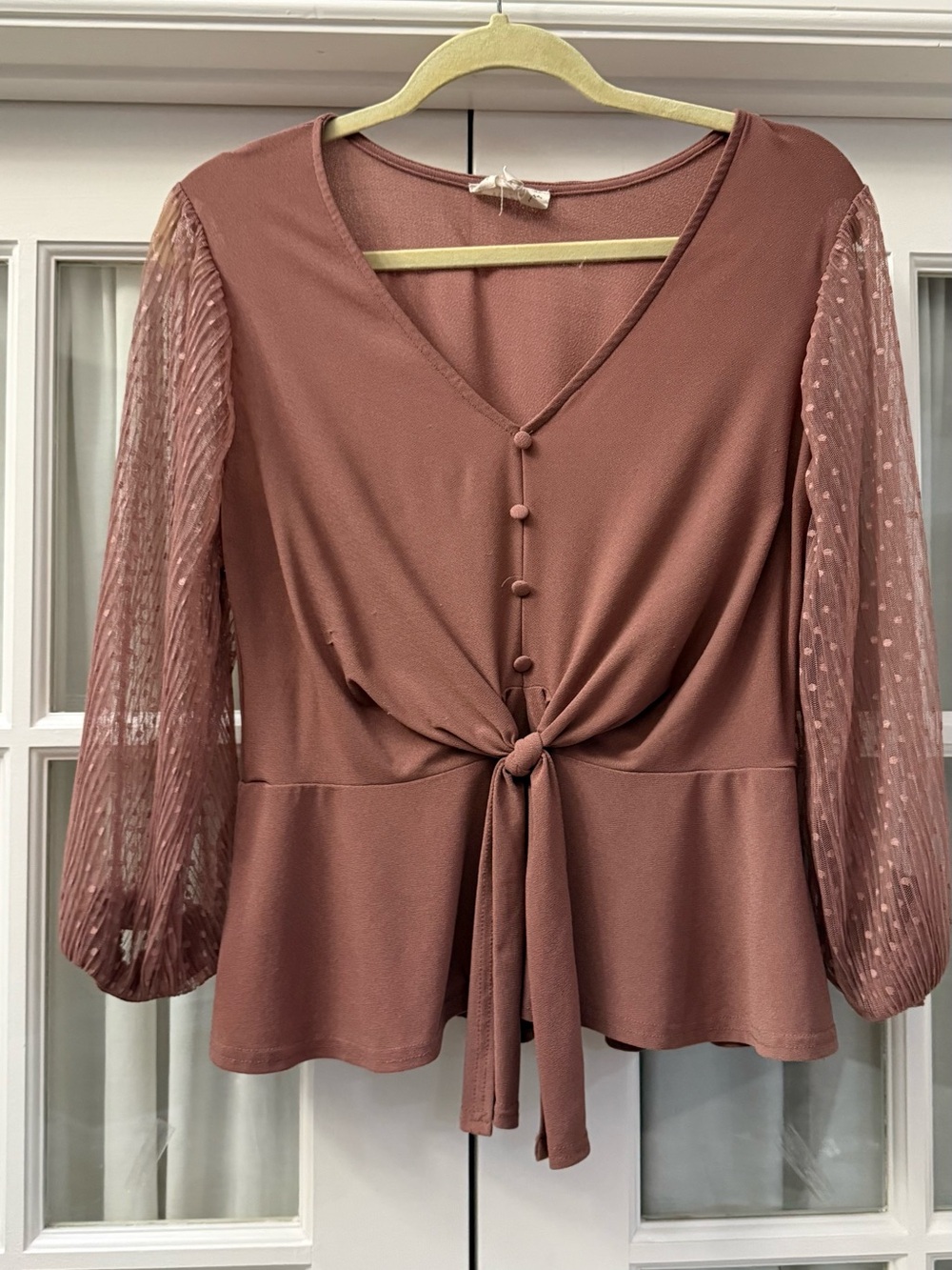 Tie-Front V-Neck Blouse with Sheer Dot Puff Sleeves - Dusty Rose
